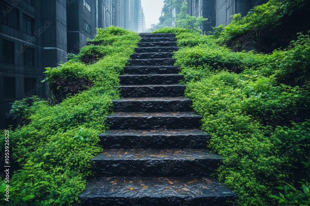 Overgrown stone staircase leading to urban rooftop garden amidst skyscrapers. Overgrown stone staircase leading to urban rooftop garden amidst skyscrapers.