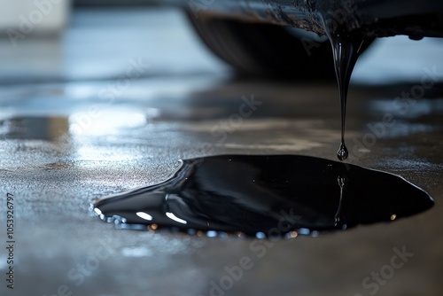 Oil Leak. Dripped Oil Stain from Car Engine on Concrete Floor. Auto Service Concept