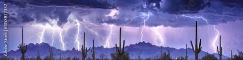 A wide panoramic view of a lightning storm over the desert, with saguaro cacti silhouetted against a bright purple sky.

