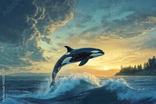 Orca: Bigg's Orca Whale Jumping in Vancouver Island, Canada with Stunning Ocean Views photo