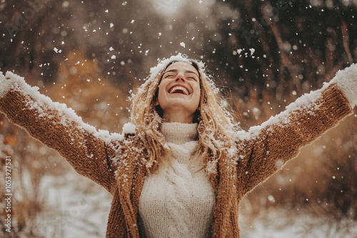 young happy woman trowing white snow in forest photo