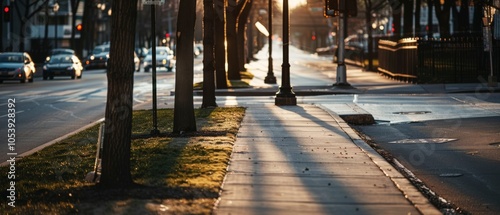 Wallpaper Mural Early morning light streams down an urban street lined with shadow-casting trees and cars, creating a serene, golden atmosphere in the cityscape. Torontodigital.ca