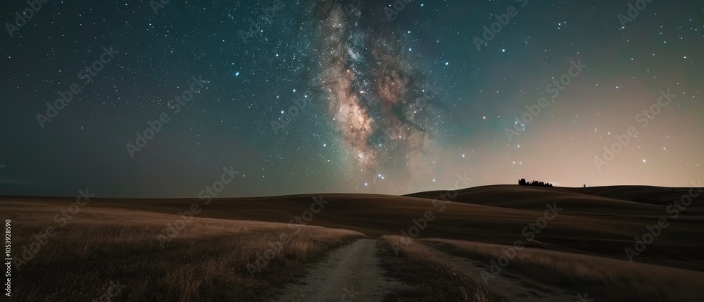 Fototapeta premium A stunning Milky Way spans the night sky, casting its brilliance over a serene landscape of rolling hills and quiet paths.