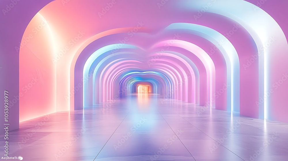 3d render of abstract spacious hall in light pink purple and blue colors 3d render of abstract spacious hall in light pink purple and blue colors