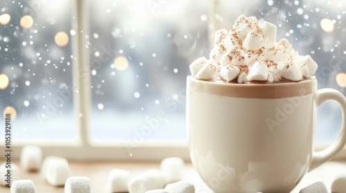 A steaming mug of hot chocolate topped with whipped cream and marshmallows, with a snowy landscape visible through a frosted window