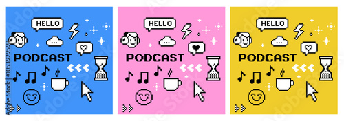 Podcast square cover set. Pixel art style. Y2k design elements. Bright modern background for post, podcast blog, poster, cover, bg. Music note, radio, voice, smile. Mood of 90's aesthetics. 8 bit icon