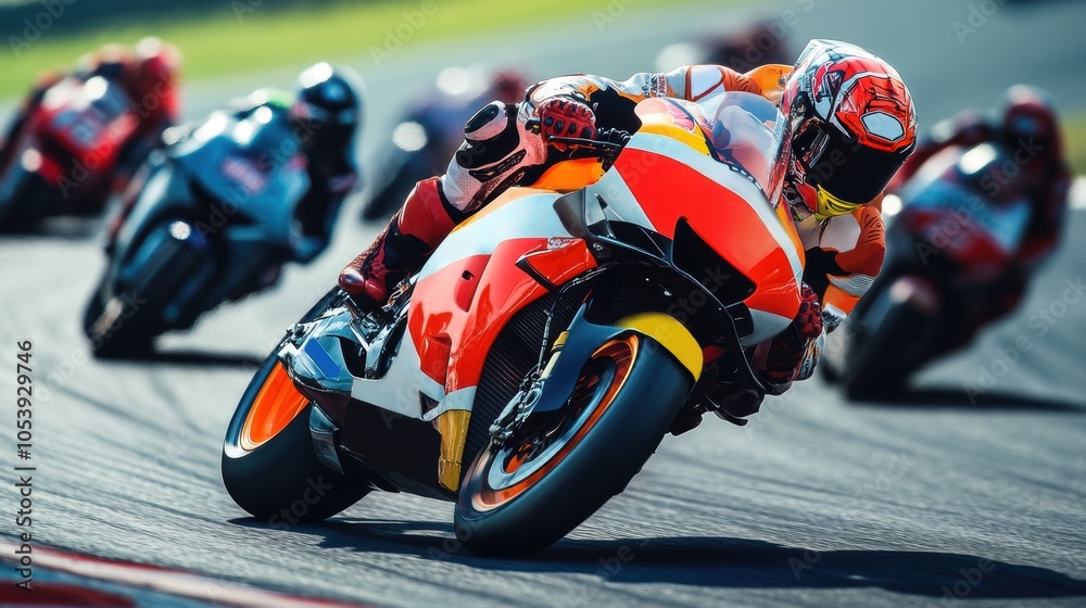 Motorcyclist in bright racing gear, leaning intensely into curve on racetrack, with other racers in background, emphasizing agility and competitive spirit. Motorcyclist in bright racing gear, leaning intensely into curve on racetrack, with other racers in background, emphasizing agility and competitive spirit.