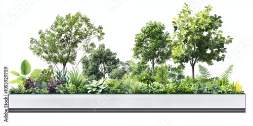 bioswale made from metal containing native plants and trees to be used on a pedestrian plaza or in urban architecture photo