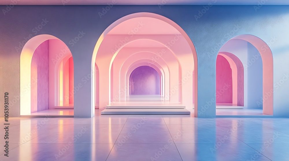 3d rendering of spacious hall with light pink purple and blue abstract design 3d rendering of spacious hall with light pink purple and blue abstract design