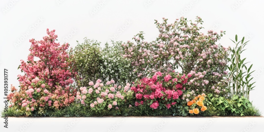 Naklejka premium A realistic garden landscape of a shrub combination featuring azaleas, glossy privet, ligustrum japonicum Texanum heavenly bamboo, and rose bushes