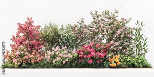 A realistic garden landscape of a shrub combination featuring azaleas, glossy privet, ligustrum japonicum Texanum heavenly bamboo, and rose bushes photo