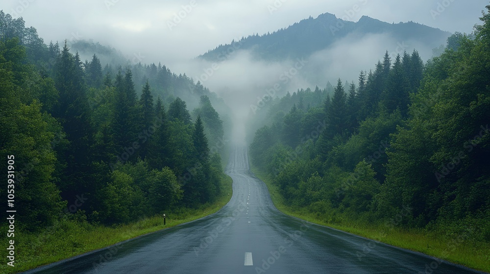 Winding Road Through Foggy Mountain Forest Winding Road Through Foggy Mountain Forest