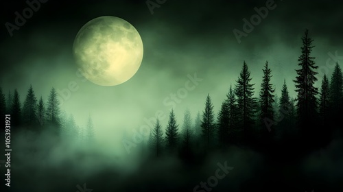 Haunted Halloween night scene with a full moon casting an eerie otherworldly glow over a gloomy fog shrouded forest creating a dark and foreboding atmosphere with a Gothic horror inspired aesthetic photo