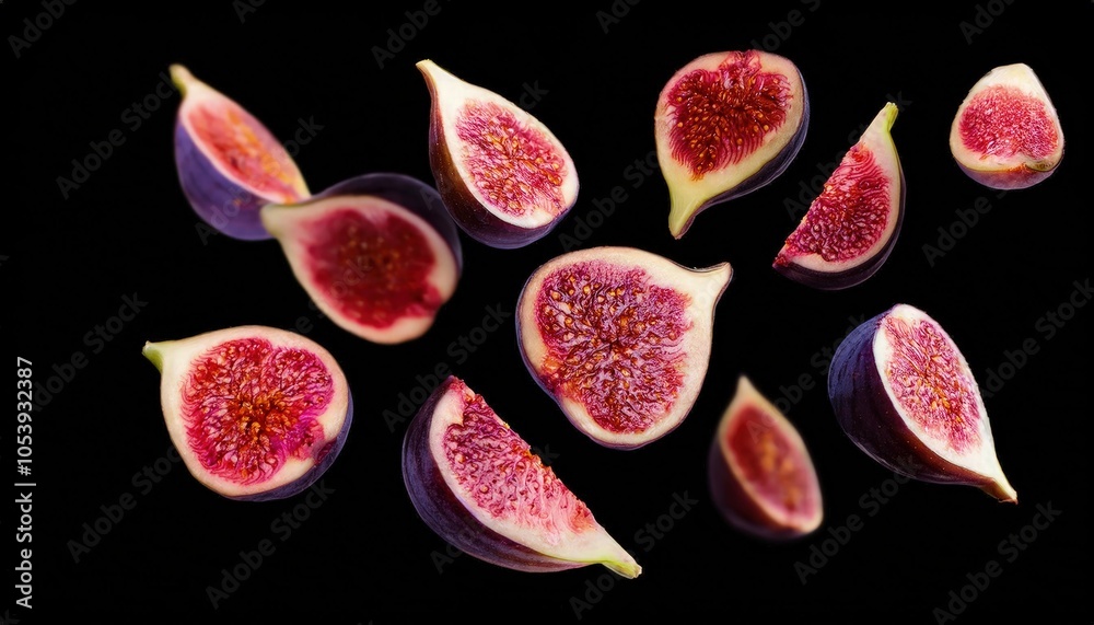 Fig slices suspended in mid-air, appearing tossed with deep purple and pink flesh against a black alpha background. Fig slices suspended in mid-air, appearing tossed with deep purple and pink flesh against a black alpha background.