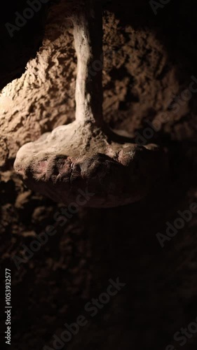 A close-up of an underground plant root, illuminated in low light, revealing its rough texture and organic form. The dim, earthy setting adds a mysterious atmosphere to the scene. Vertical video. photo