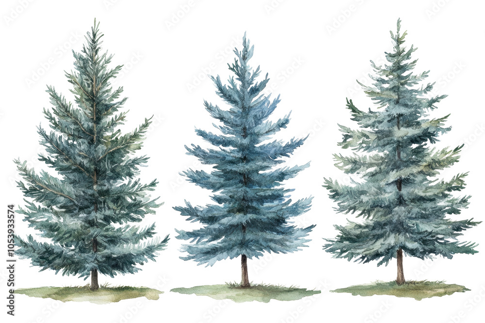 Fototapeta premium Vibrant Picea Pungens Evergreen Trees Watercolor Illustration Set for Nature Designs