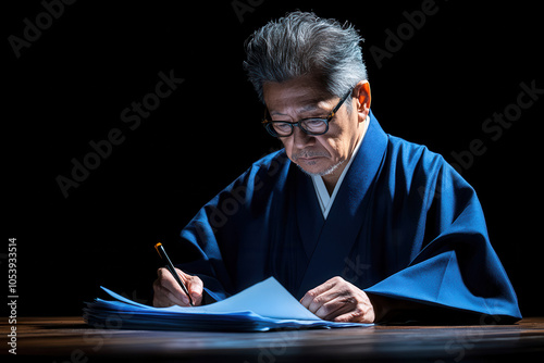 An elderly man in traditional clothing intently writes on paper, illuminated by soft lighting against a dark background. photo