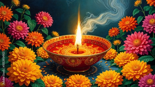 Indian background with marigold flowers and a diya lamp. Traditions of celebrating the Vishu Festival. A template with a copy space for Ugadi, Diwali and Day of the Dead holidays.