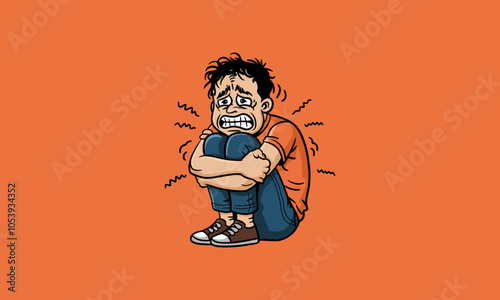 Anxious man sitting curled up with a worried expression.