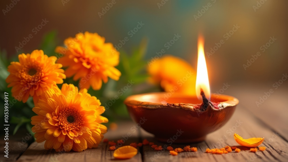 Indian background with marigold flowers and a diya lamp. Traditions of celebrating the Vishu Festival. A template with a copy space for Ugadi, Diwali and Day of the Dead holidays. Indian background with marigold flowers and a diya lamp. Traditions of celebrating the Vishu Festival. A template with a copy space for Ugadi, Diwali and Day of the Dead holidays.