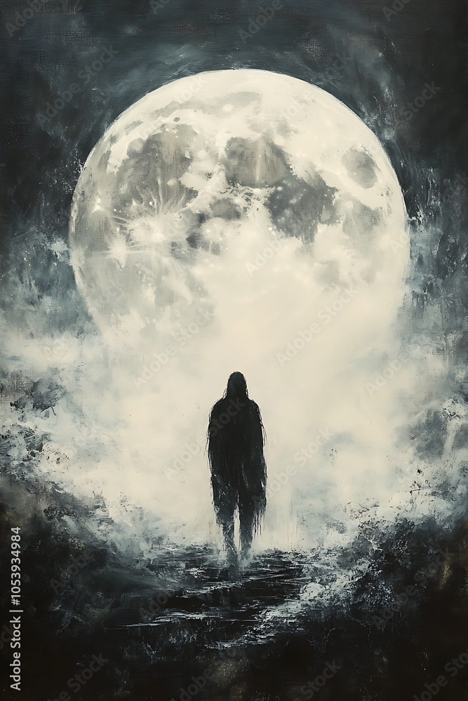 Fototapeta premium A dark figure stands beneath a massive moon embracing the mysteries of the night in a haunting landscape of shadows and light