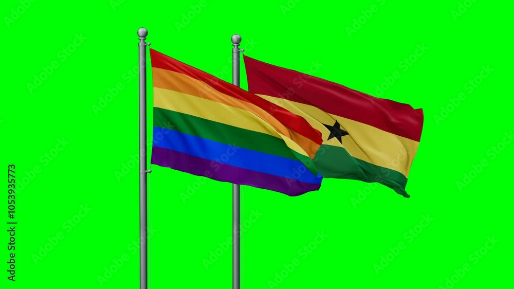Ghana and LGBT movement flags flying together, video concept of the relationship with colored chroma key for easy background remove