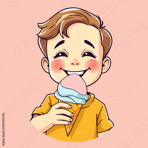 A kid eating a cone ice cream with very happy laughing face looking into the camera