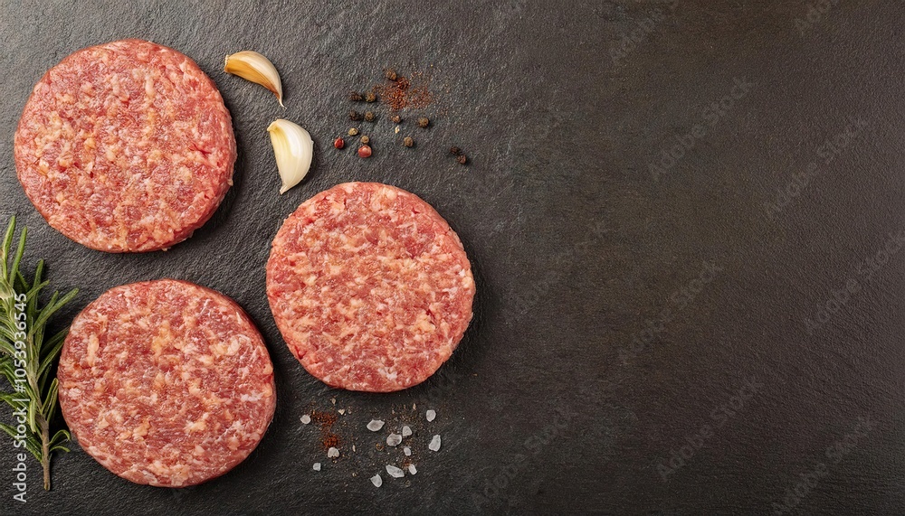 Top down view of raw burger patties seasoned with salt pepper oil herbs and spices on a dark surface Top down view of raw burger patties seasoned with salt pepper oil herbs and spices on a dark surface