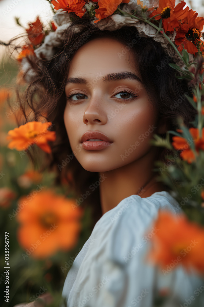 Naklejka premium Middle Eastern woman with curly dark brown hair wears light blue dress, surrounded by bright orange flowers. Soft expression reflects peaceful energy, floral headpiece enhances gentle beauty concept.