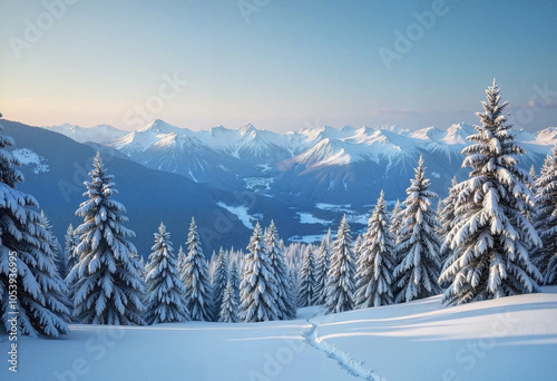 Majestic winter landscape with snow-covered peaks and frosty evergreens at sunrise