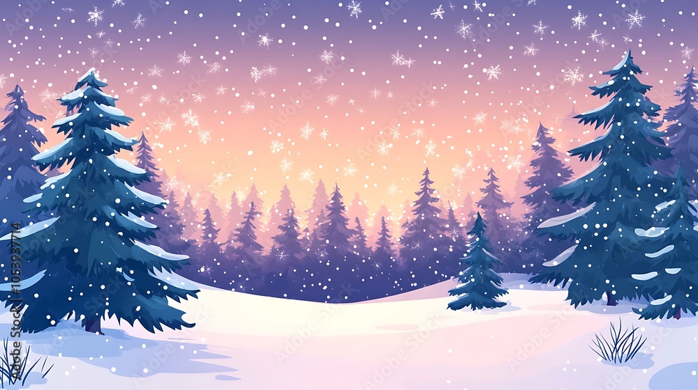 Obraz premium A serene winter landscape with snow-covered trees and a colorful sunset.