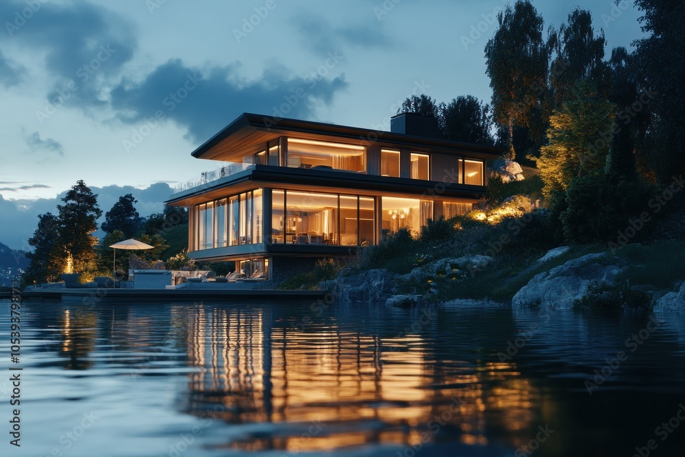 Fototapeta premium Modern Lakeside House at Dusk with Soft Lighting