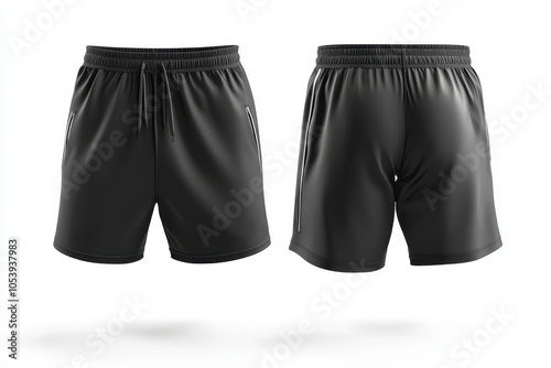 Black athletic shorts with drawstring waistband on white background