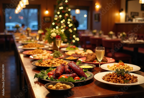 Festive dining experience with a variety of dishes elegantly displayed during a holiday gathering photo