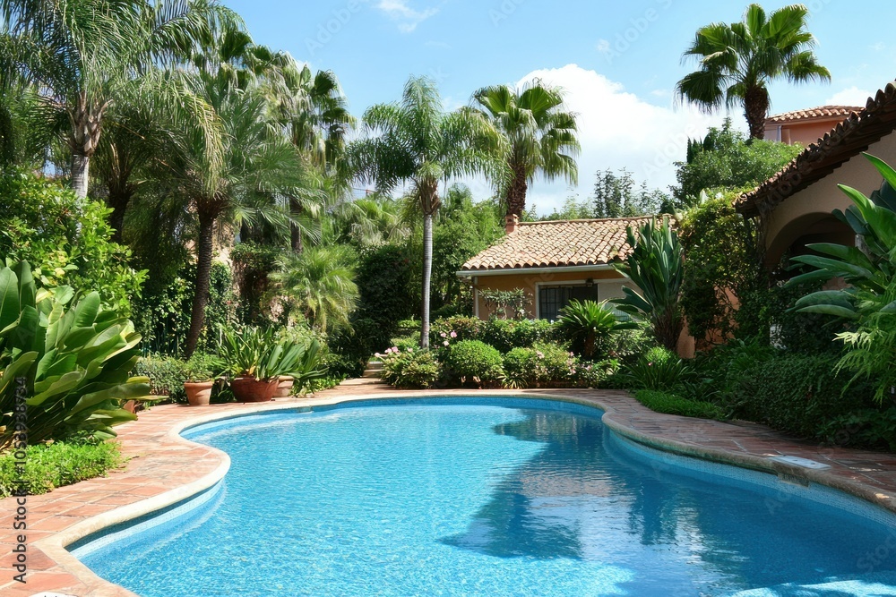 Lush Tropical Garden with Inviting Pool Area Lush Tropical Garden with Inviting Pool Area