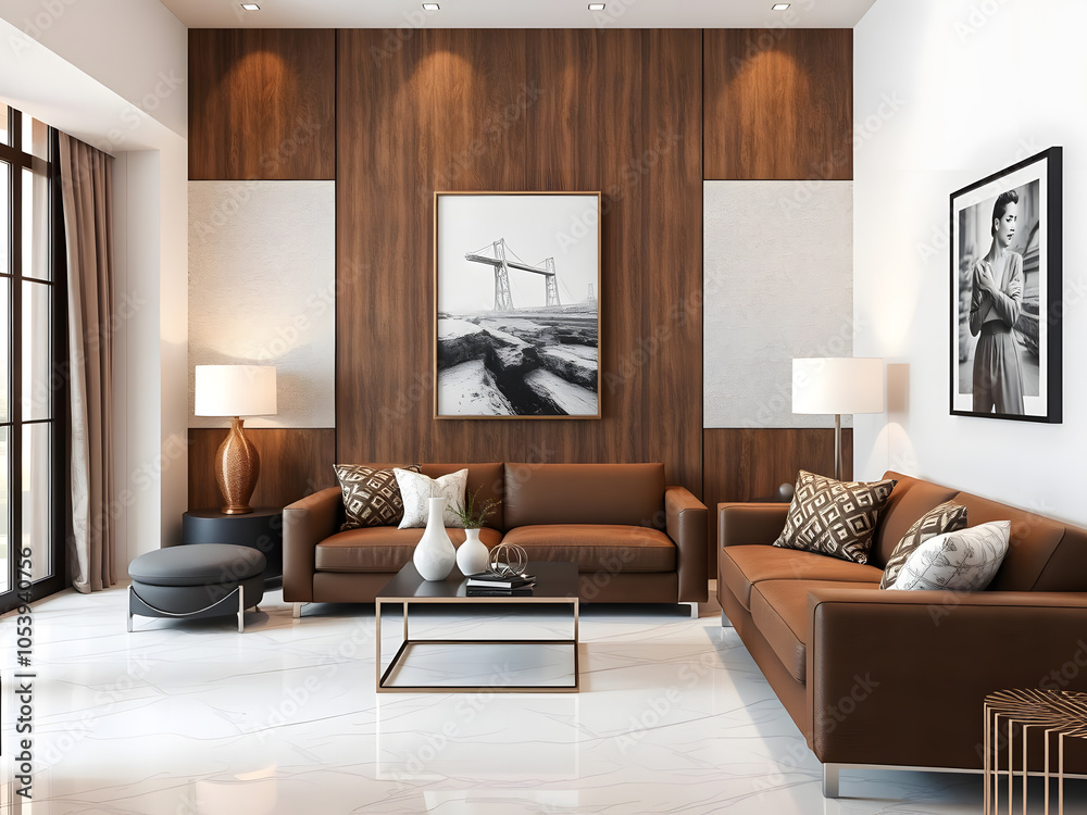 A living room with a brown couch, a coffee table, and a few lamps A living room with a brown couch, a coffee table, and a few lamps