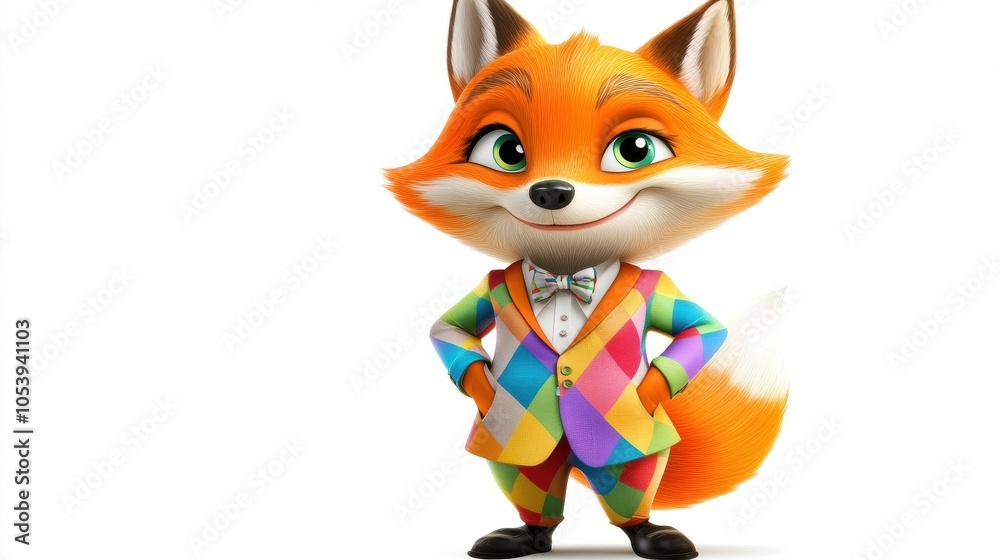 A cartoon fox is wearing a colorful suit and bow tie A cartoon fox is wearing a colorful suit and bow tie