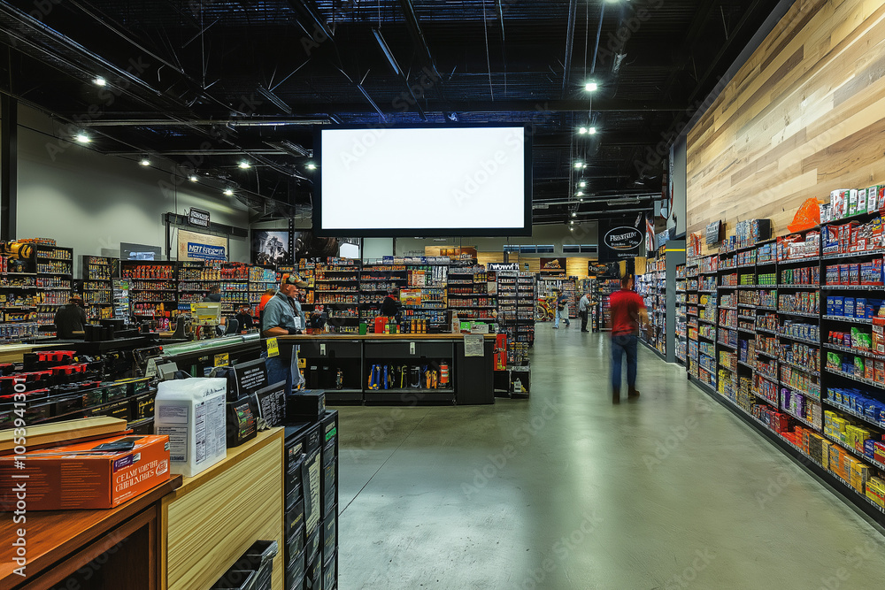 Busy Hardware Store Scene with Blank Digital Billboard Display Busy Hardware Store Scene with Blank Digital Billboard Display
