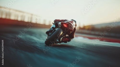 Motorcyclist leaning into sharp turn on racetrack, showcasing precision and control needed for high-speed racing photo