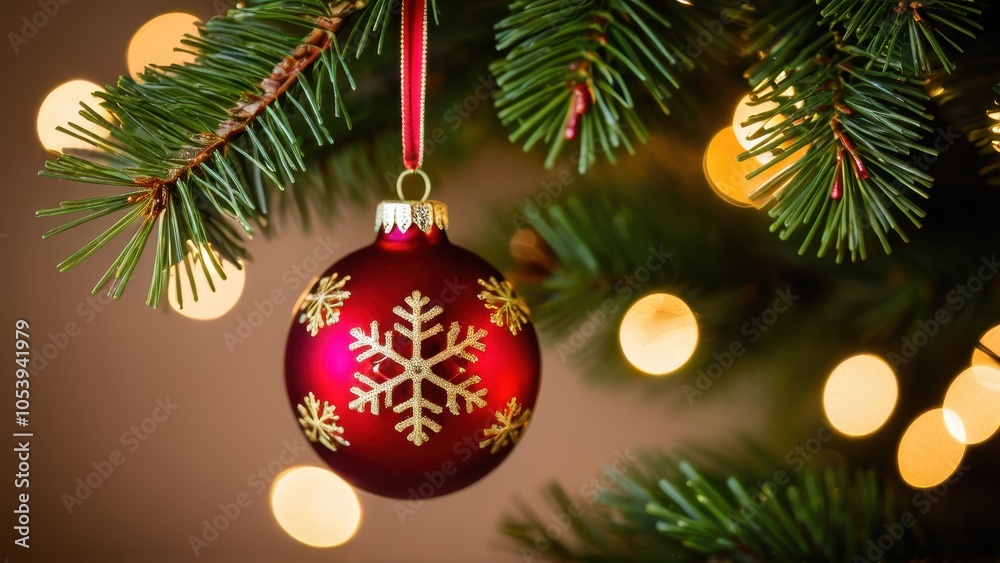 Obraz premium A red Christmas ornament with gold snowflake designs hangs on a green tree, surrounded by warm glowing lights and pine branches.
