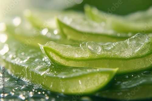 Extreme closeup of aloe vera gel oozing from a freshcut leaf, highlighting its natural texture and hydration properties under soft natural light photo