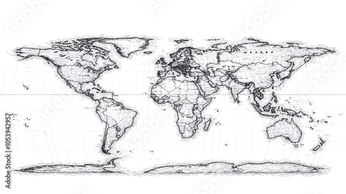 Fototapeta Naklejka Na Ścianę i Meble -  A detailed black and white world map with country borders, continents, and a grid overlay on a white background.