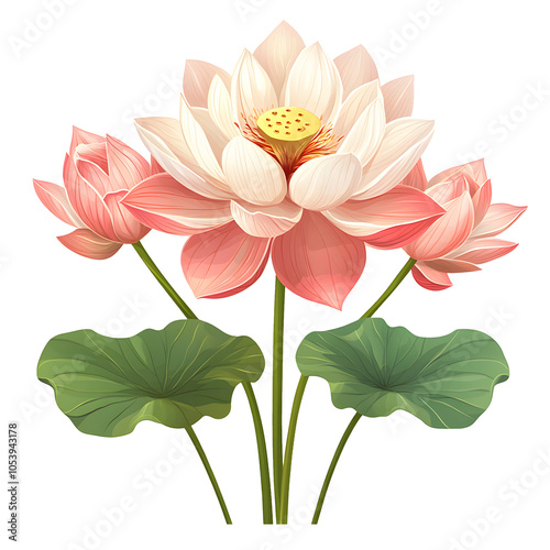 Pink Lotus Flower with Green Leaves Illustration on Transparent Background