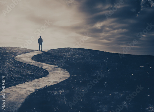 Lone figure on foggy and unknown path -personal journey, decisions, life uncertainties