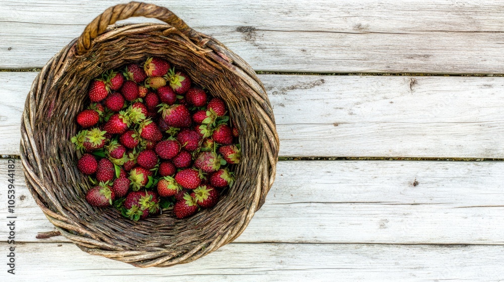Fresh Strawberries in a Rustic Basket on Wooden Surface Fresh Strawberries in a Rustic Basket on Wooden Surface