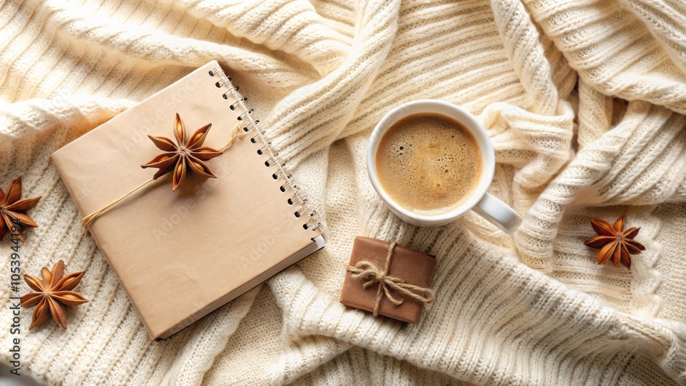 Autumn and Winter Composition Gift Box with Coffee Cup, Notebook, Anise Stars, Beige Sweater on Cream Knitted Blanket Background Top View Copy Space Autumn and Winter Composition Gift Box with Coffee Cup, Notebook, Anise Stars, Beige Sweater on Cream Knitted Blanket Background Top View Copy Space