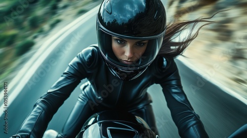 Focused female motorcyclist in sleek black leather suit and helmet riding down winding scenic road. Adventure, speed, and thrill of motorcycle riding. photo