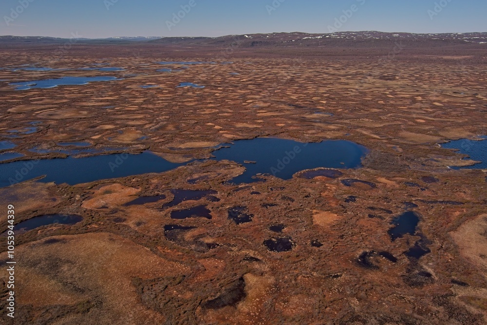 Fototapeta premium Aerial view of palsa mires at Ferdesmyra nature preserve in clear summer weather, Finnmark, Norway.
