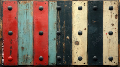 Multicolored Distressed Wooden Panel with Black Metal Accents