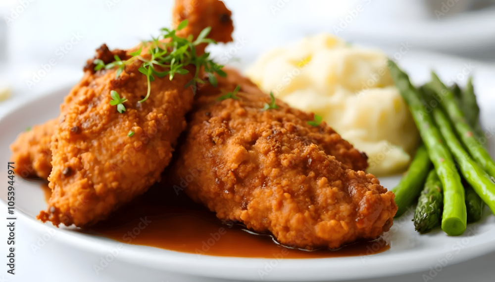 Fried Chicken with Mashed Potatoes and Asparagus Fried Chicken with Mashed Potatoes and Asparagus